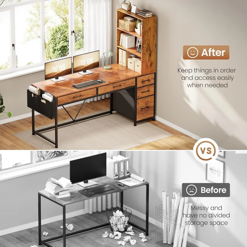 DAFIFY Computer Desk With 5 Drawers And Bookshelf Storage