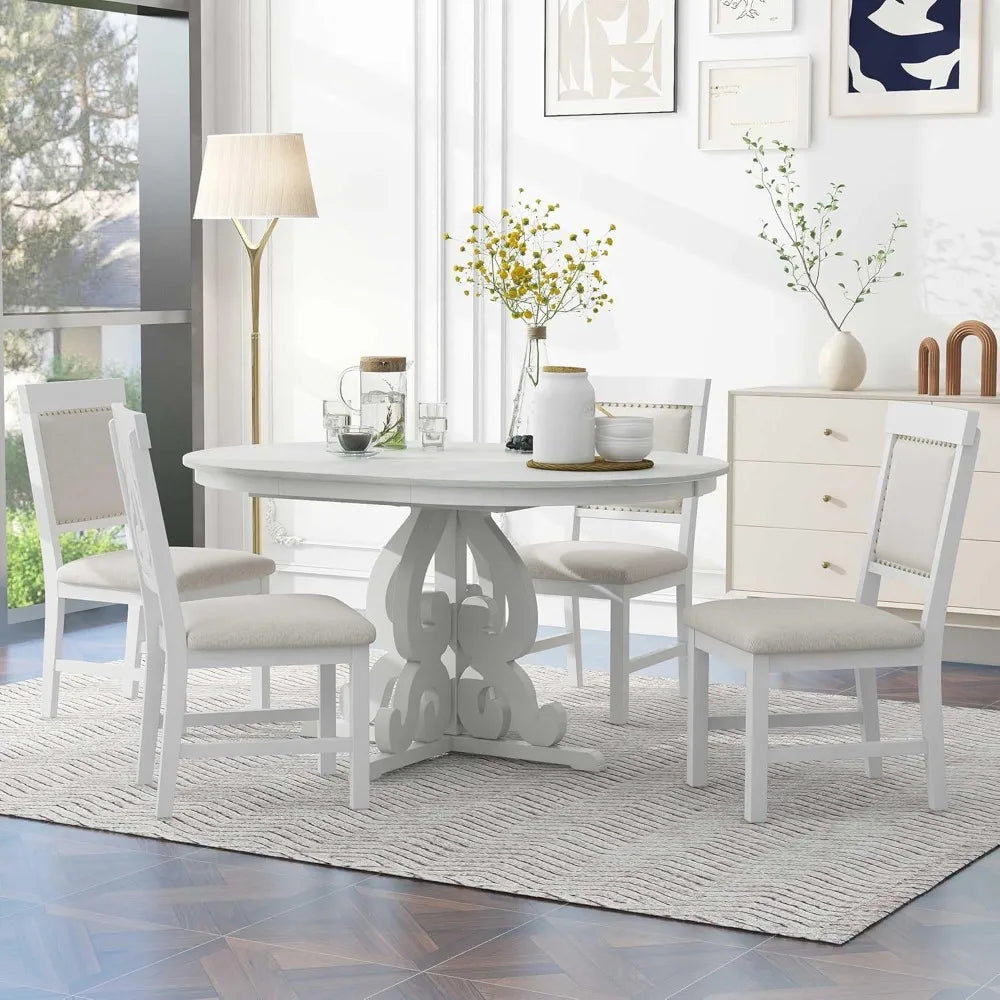 Extendable Dining Table Set for 4-6, Solid Wood Kitchen Table Set with 4 Upholstered Chairs for Kitchen, Dining Room, Small Spa