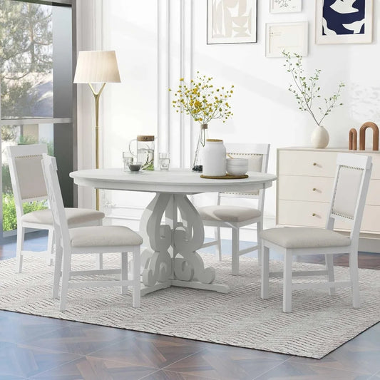 Extendable Dining Table Set for 4-6, Solid Wood Kitchen Table Set with 4 Upholstered Chairs for Kitchen, Dining Room, Small Spa
