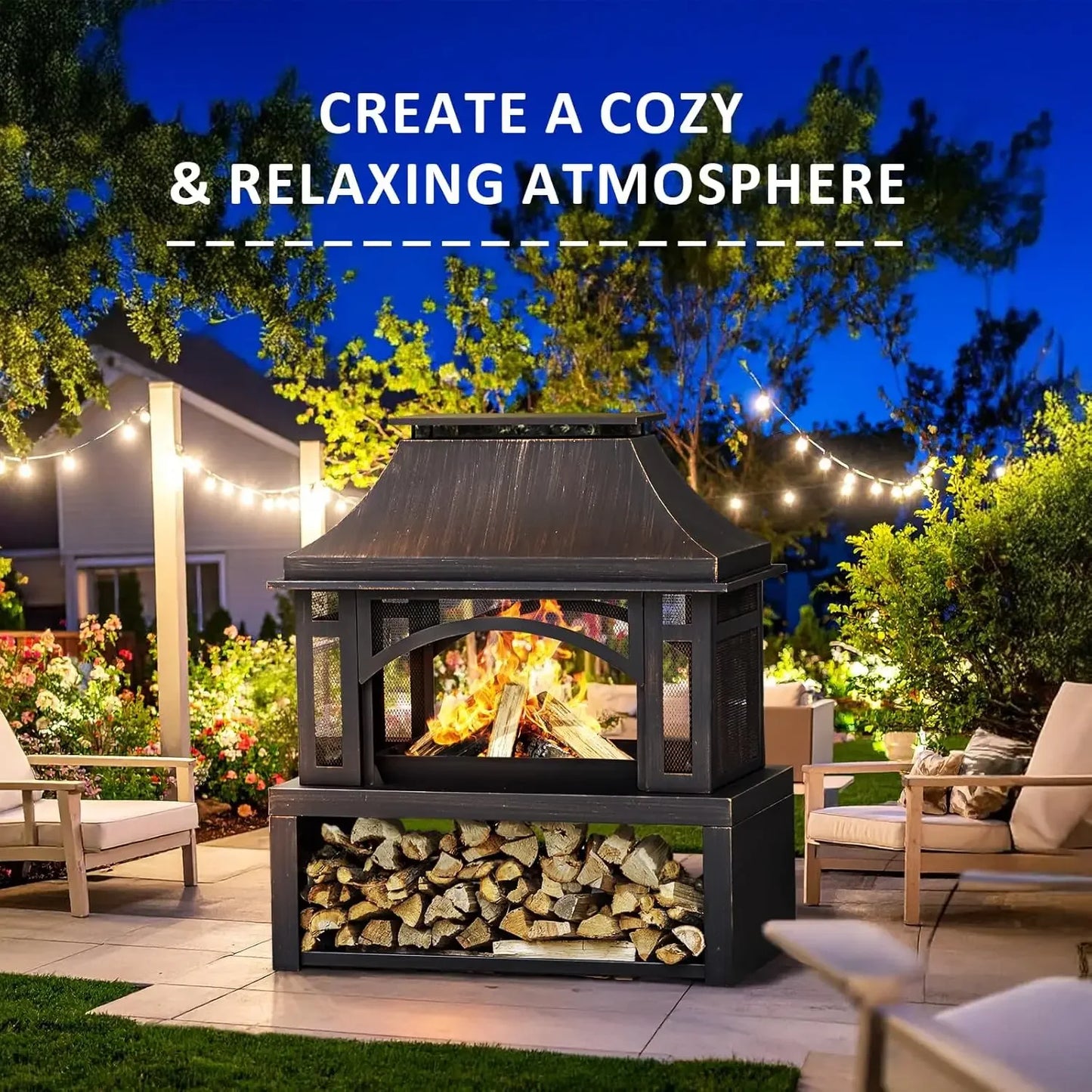 XMSJ Wood Burning Outdoor Fireplace With Chimney SparkGuard